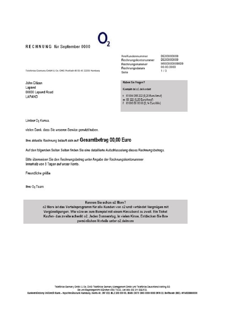 Germany RECHNUNG O2 utility bill